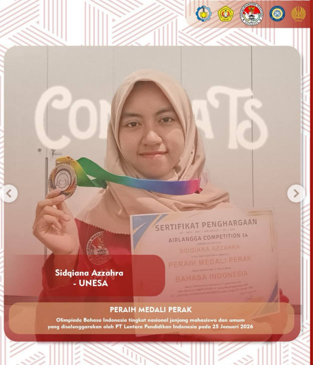 Selamat atas diraihnya Medali Emas, Olimpiade bidang Bahasa Indonesia KSI (Kompetisi Sains Indonesia) Tingkat nasional jenjang mahasiswa 